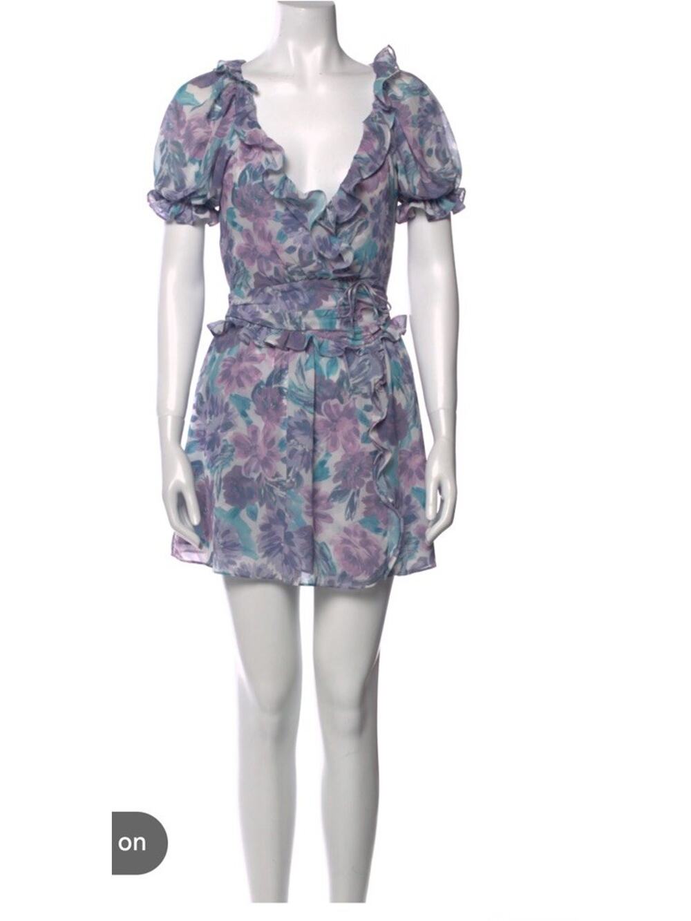 For Love & Lemons Shelly Ruffle Floral Chiffon Mini Dress XXS Puff Sleeve Flirty